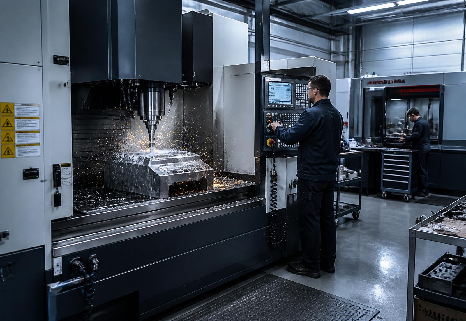 CNC machining centre cutting a precision steel mold while an operator monitors the control panel